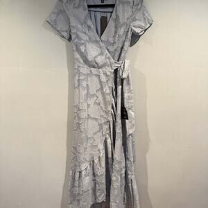 Lulus Blissfully Light Blue Jacquard Short Sleeve Wrap Midi Dress BNWT XS